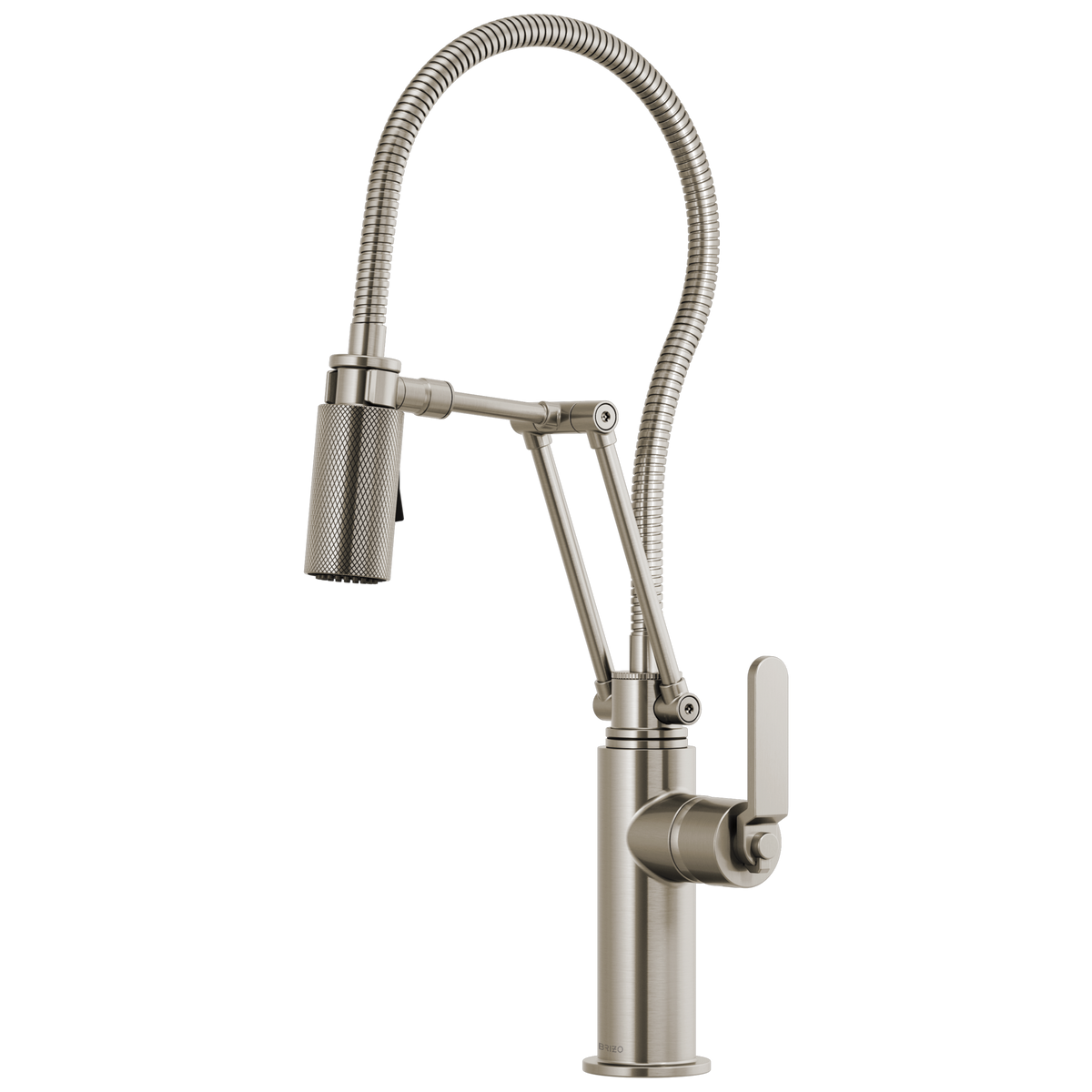 ARTICULATING FAUCET WITH INDUSTRIAL HANDLE AND FINISHED HOSE