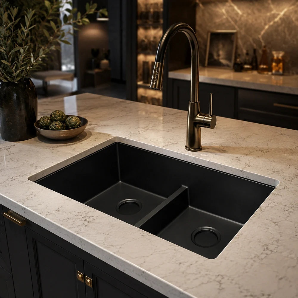 32" Low Divide Undermount Double Bowl Kitchen Sink
