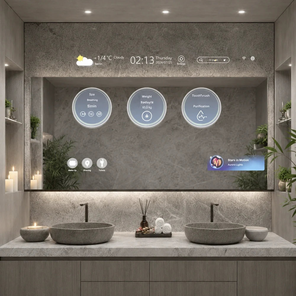 76" x 44" rectangular framed LED smart TV mirror