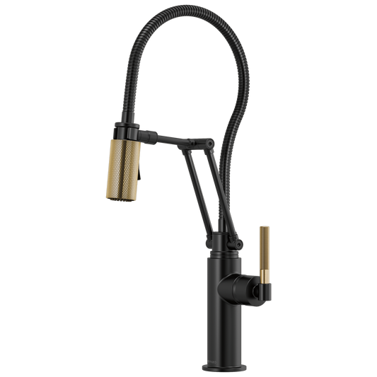 ARTICULATING FAUCET WITH KNURLED HANDLE AND FINISHED HOSE