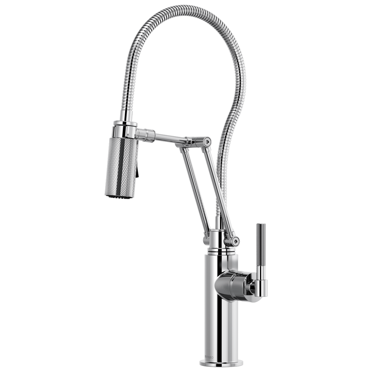 ARTICULATING FAUCET WITH KNURLED HANDLE AND FINISHED HOSE