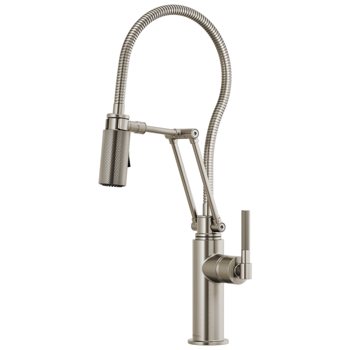 ARTICULATING FAUCET WITH KNURLED HANDLE AND FINISHED HOSE