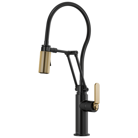 ARTICULATING FAUCET WITH INDUSTRIAL HANDLE AND FINISHED HOSE