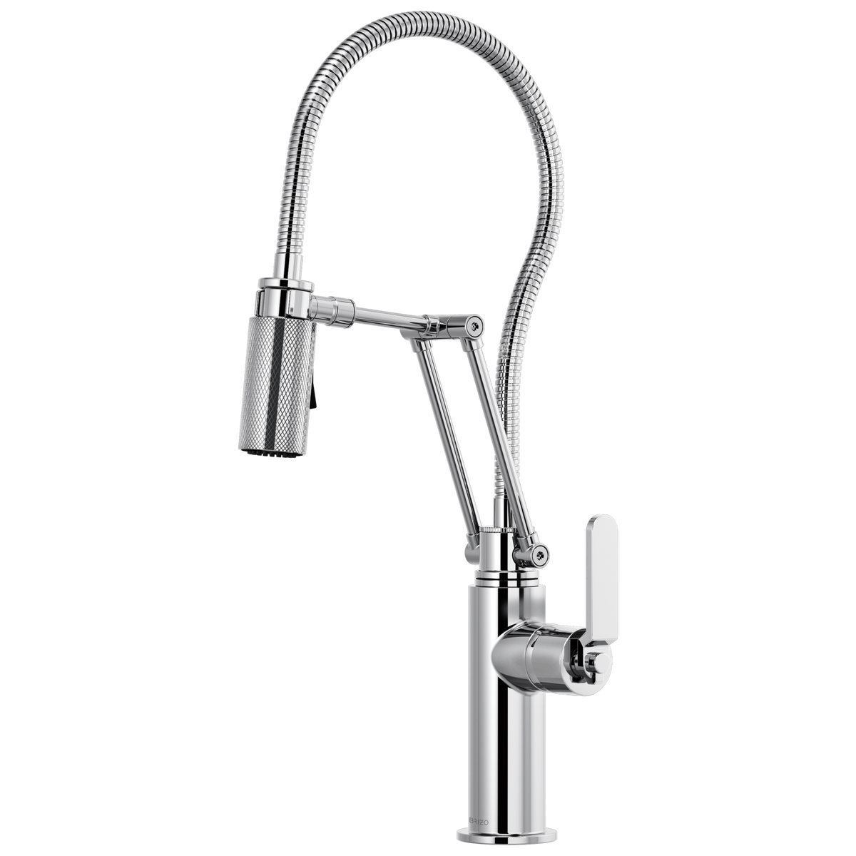 ARTICULATING FAUCET WITH INDUSTRIAL HANDLE AND FINISHED HOSE