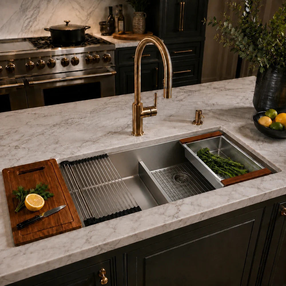 60" Low Divide Undermount Double Bowl Workstation Kitchen Sink