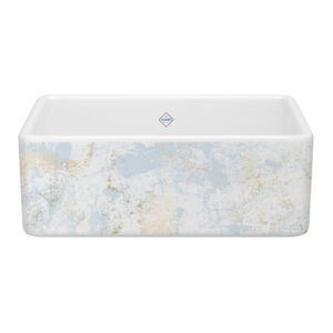 30 Inch Shaker White Single Bowl Farmhouse Apron Front Fireclay Kitchen Sink With Patina Design - Blue/Gold | Model Number: MS3018WHPTBG